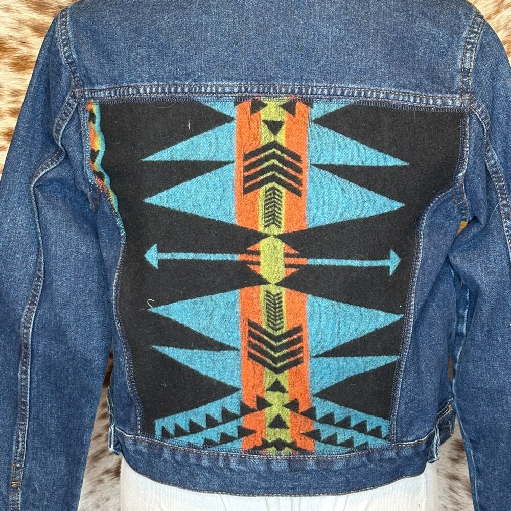 UpCycled ONE OF A KIND Western jean jacket black tan Pendleton wool-S